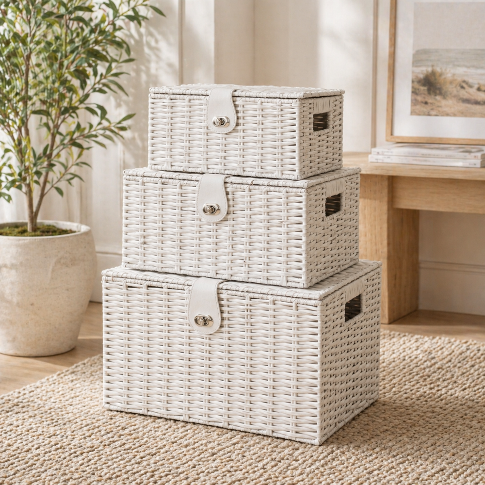 3 White Wicker Storage Baskets Woven Hamper Storage Boxes