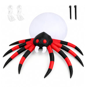 A Halloween inflatable spider decoration with red and black striped legs, a black head, white fangs, and a white spherical light inside, shown with two white ropes and two black stakes on a white background.
