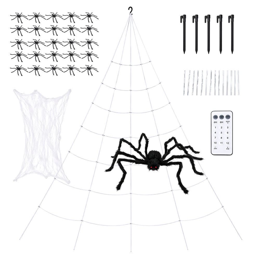Halloween yard decoration featuring a large black spider prop in front of a triangular web structure illuminated with purple, pink, and red string lights, set in a grassy yard at night.