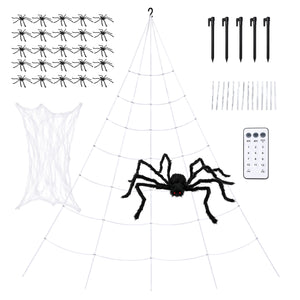 A Halloween spider web decoration kit shown on a plain white background, including multiple black plastic spiders, a white mesh web frame with a large black spider in the center, black stakes, thin support rods, a white remote control, and a white hanging fabric piece.