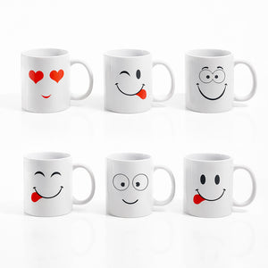 Set of 6 White Emoji Coffee Mugs – Dishwasher Safe Porcelain Tea & Hot Chocolate Cups