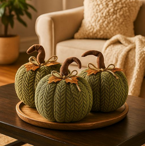 Three large handcrafted plush pumpkins