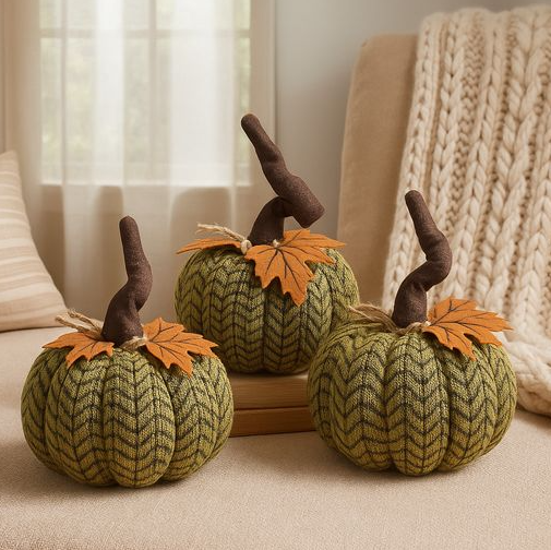 Three medium handcrafted plush pumpkins
