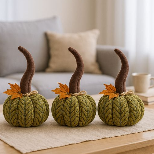 Three small plush pumpkin decorations