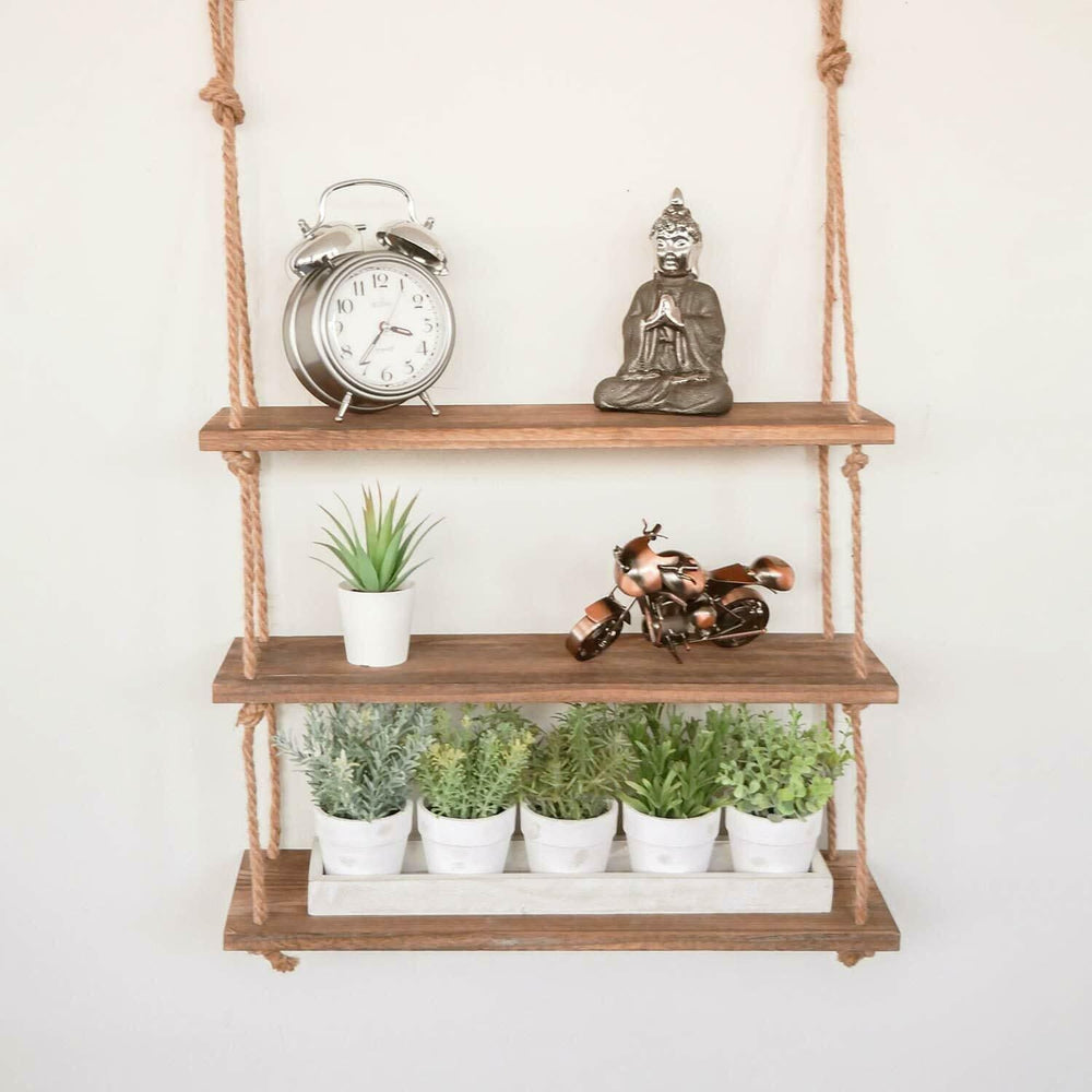 Rustic three tier wooden hanging rope shelf