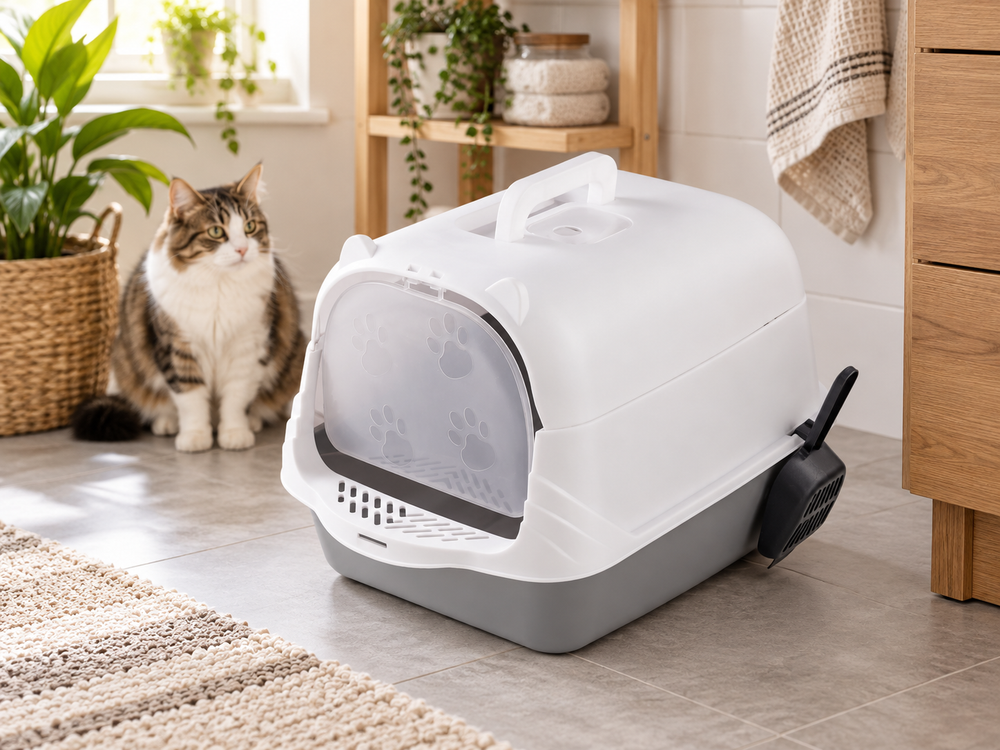 A white and gray automatic cat litter box with a transparent front door and a black wireless sensor, shown on a tiled floor next to a cat in a bright, modern room.