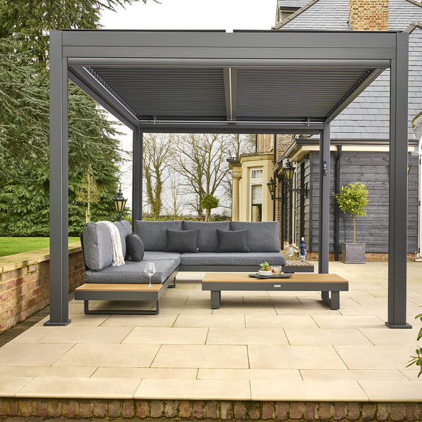 Grey aluminium pergola with adjustable roof louvres