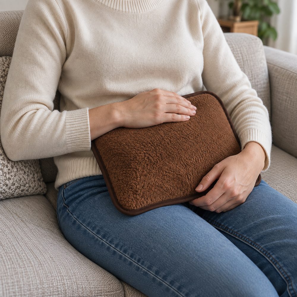 A person sitting on a light beige couch holds a brown textured hot water bottle against their stomach. The person is wearing a cream-colored knit sweater and blue jeans.