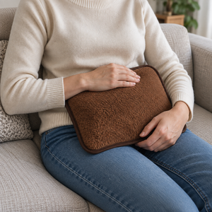 A person sitting on a light beige couch holds a brown textured hot water bottle against their stomach. The person is wearing a cream-colored knit sweater and blue jeans.