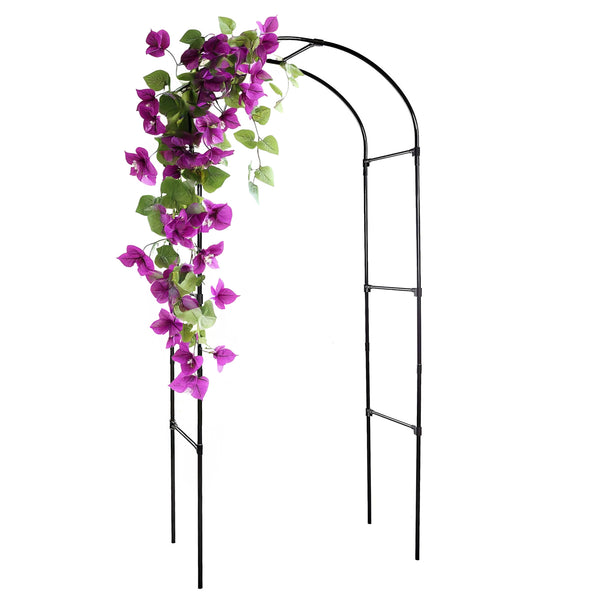 Black metal garden arch with purple flowers and green leaves on a white background