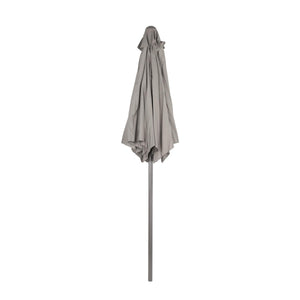 A closed patio umbrella with a light gray fabric canopy and a silver metal pole, shown vertically against a plain white background.