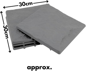 Gray square tiles with dimensions labeled on a white background