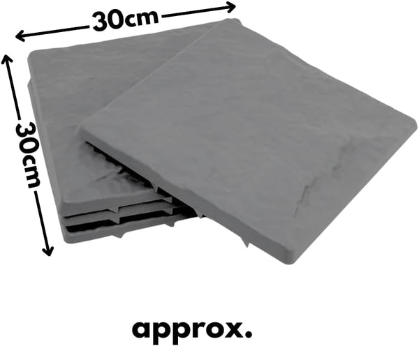 Gray square tiles with dimensions labeled on a white background