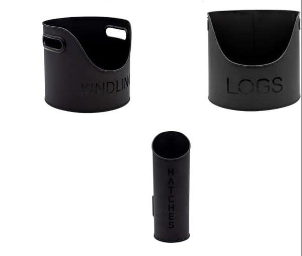Set of black containers labeled 'Kindling', 'Logs', and 'Matches' on a white background.