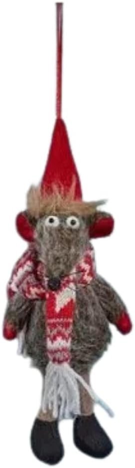 Plush mouse ornament with a red hat and scarf on a white background