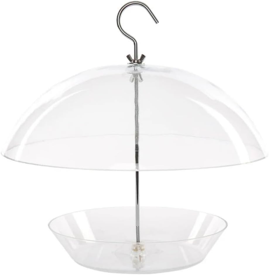 A clear glass bird feeder bowl filled with brown birdseed, suspended by a metal wire in an outdoor setting with a blurred green and brown background.