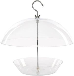 A clear acrylic hanging dome shade with a metal hook at the top and a central support rod leading to a bowl-shaped base, shown on a white background.