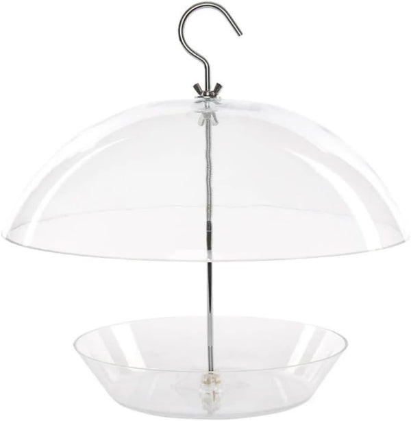 A clear acrylic hanging dome shade with a metal hook at the top and a central support rod leading to a bowl-shaped base, shown on a white background.