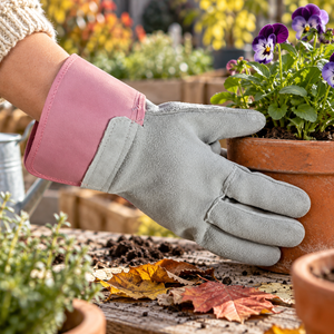 A close-up of a hand wearing a light gray gardening glove with a pink cuff, holding a terracotta pot with purple flowers on a wooden table with soil and autumn leaves.