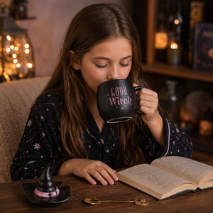 A young girl in witch-themed pajamas sits at a wooden table, drinking from a black mug that reads 'GOOD WITCH' in pink. An open book, a small witch hat decoration, and a gold spoon are on the table in a cozy, warmly lit room.