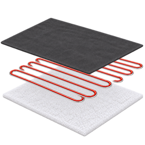 A layered heating element assembly shown in an exploded view: a dark gray top plate, red serpentine heating tubes, and a white textured bottom plate on a plain white background.