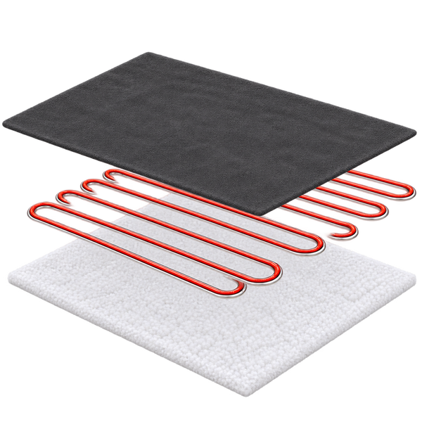 A layered heating element assembly shown in an exploded view: a dark gray top plate, red serpentine heating tubes, and a white textured bottom plate on a plain white background.