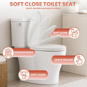 White toilet with soft close seat in a bathroom setting, featuring text on product features.