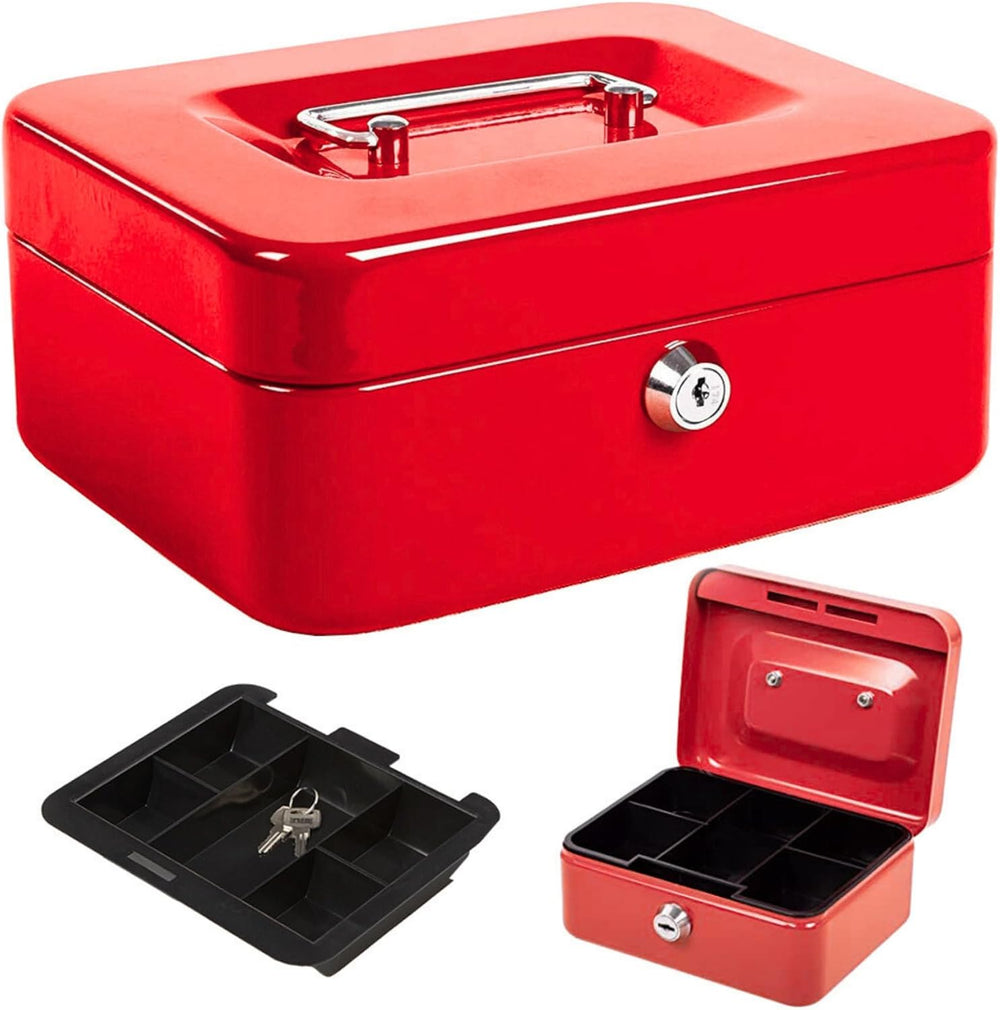 Small money box with carry handle.