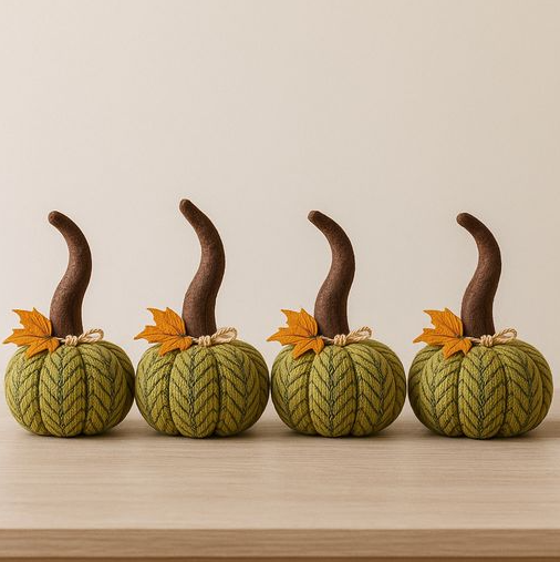 Four handcrafted plush pumpkin decorations