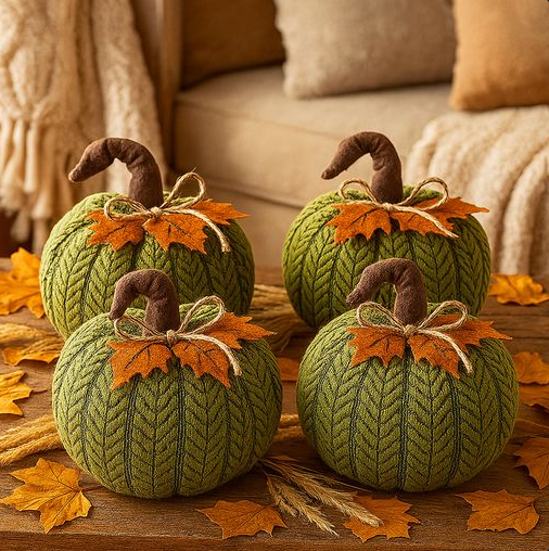 Four large handcrafted plush pumpkins