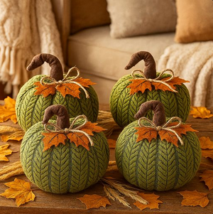 Four large handcrafted plush pumpkins