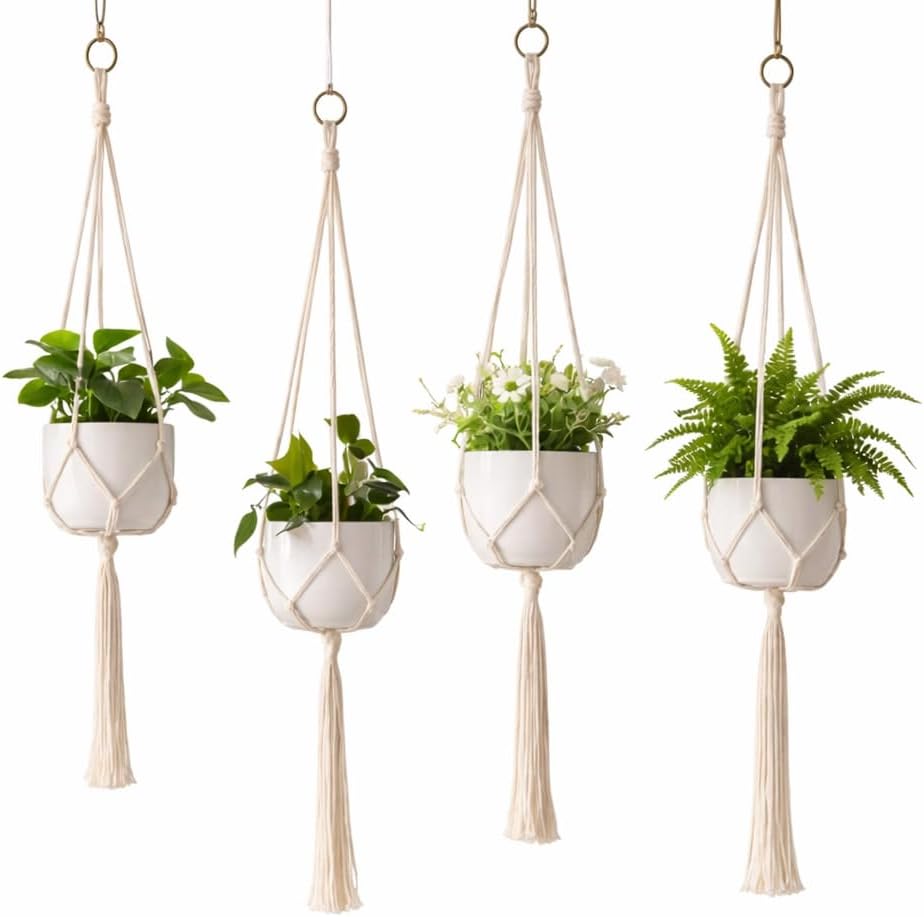 Four pack white macrame plant hangers.