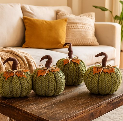 Four medium handcrafted plush pumpkins