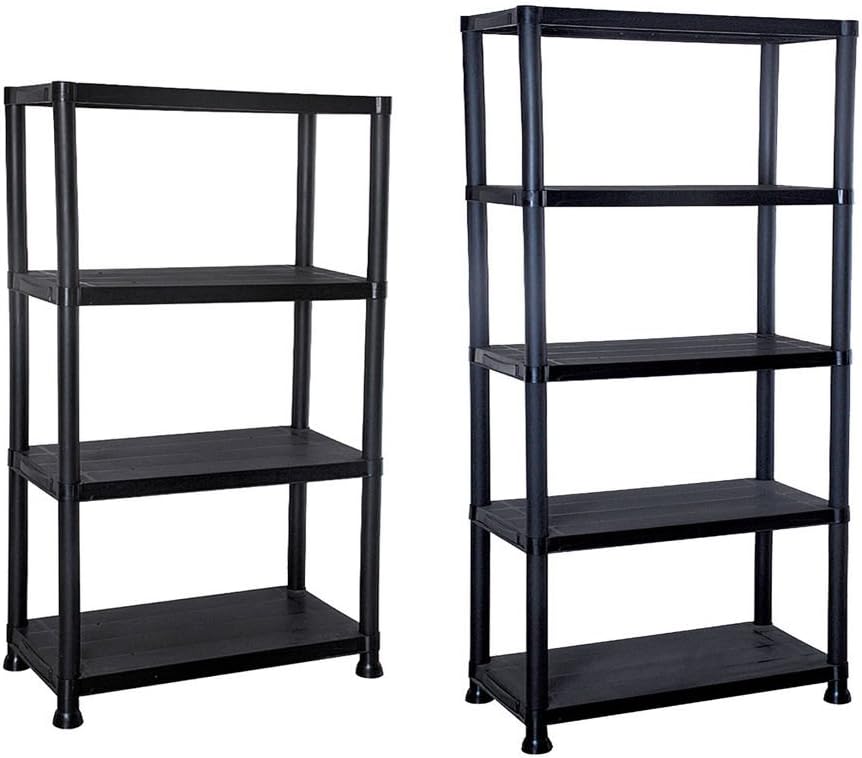 Black 4 tier plastic shelving unit for garage