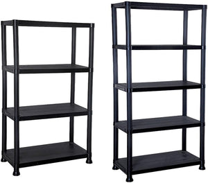 Black 4 tier plastic shelving unit for garage