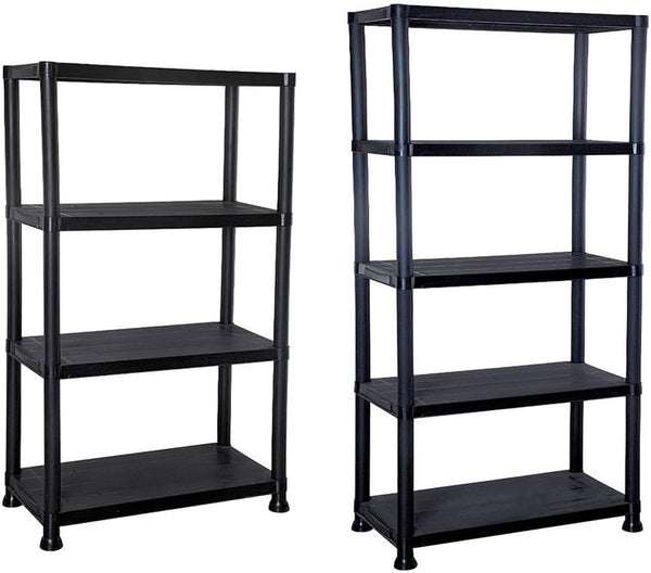 Black 4 tier plastic shelving unit for garage