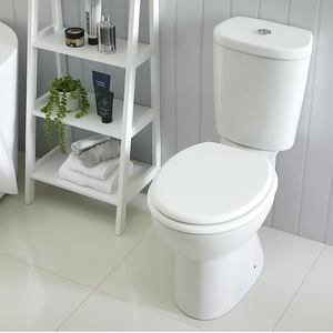 White toilet with a shelf in a bathroom setting