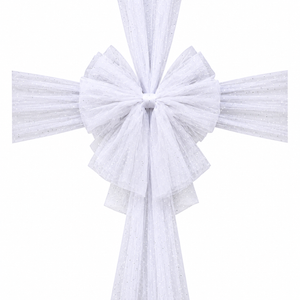 A white tulle bow and matching hanging ribbon, likely for a cross-shaped decoration or altar display, shown against a plain white background.