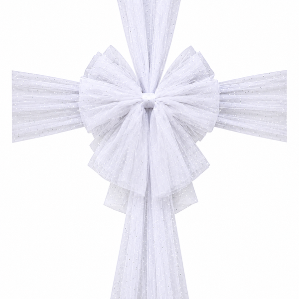 A white tulle bow and matching hanging ribbon, likely for a cross-shaped decoration or altar display, shown against a plain white background.