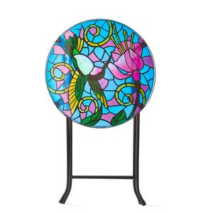 Decorative table with colorful stained-glass design featuring a hummingbird and pink flower on a white background.