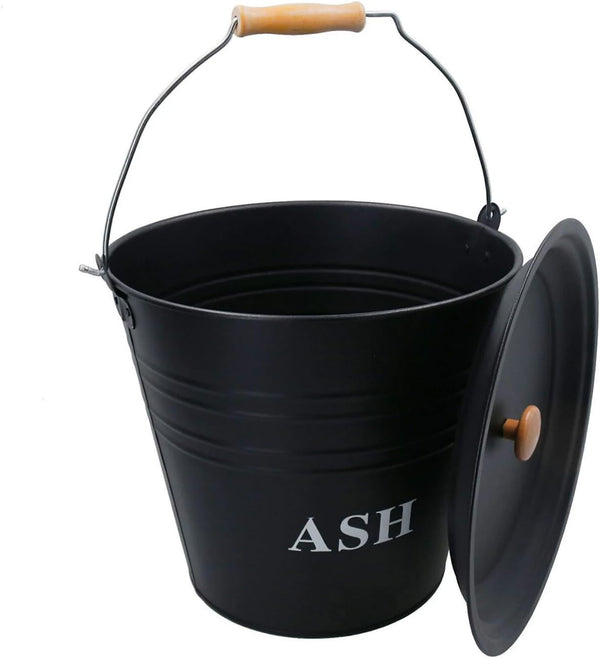 Black ash bucket with wooden handle and lid on a white background