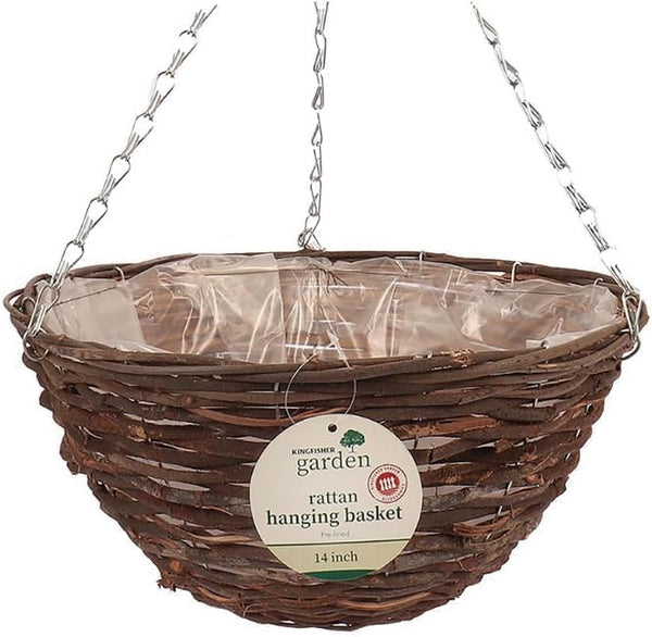Brown rattan hanging basket with a label on a white background