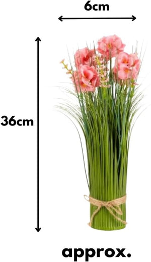 Bouquet of pink flowers with green stems, tied with twine, on a white background with measurements indicated.