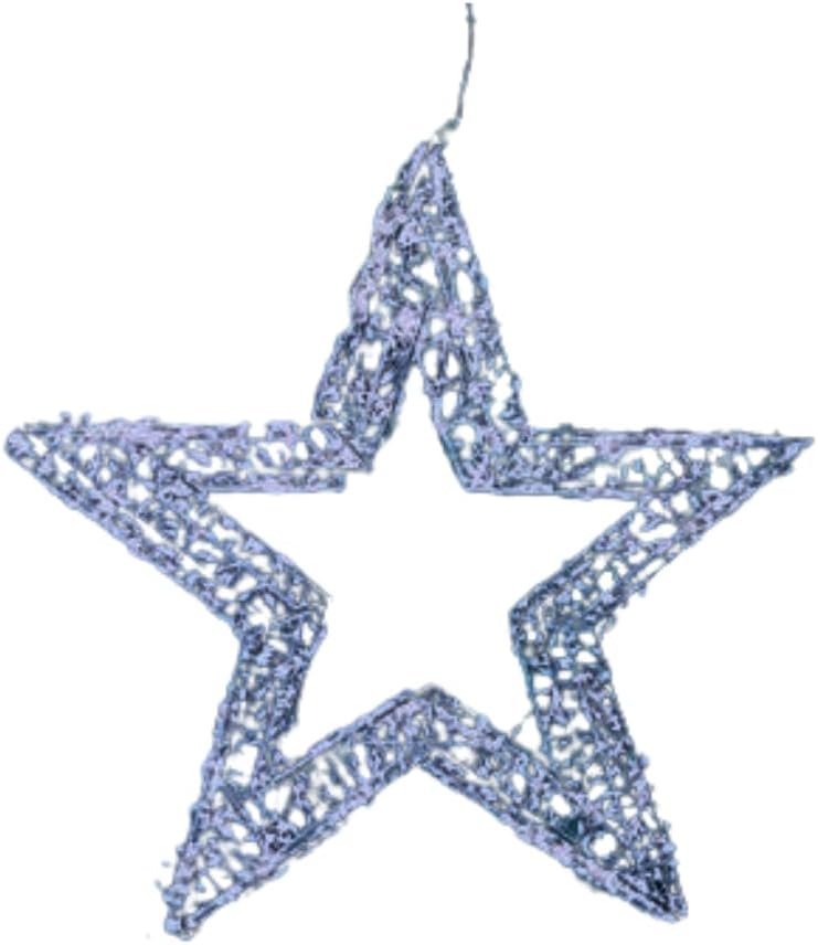 Decorative LED star hanging among green leaves at night