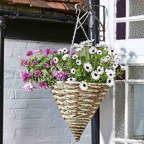 A cone-shaped hanging basket made from rattan effect material, with a silver metal chain, containing pink and white flowers.