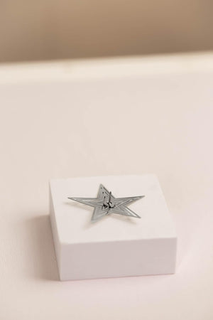 Silver star-shaped object on a white box with a beige background