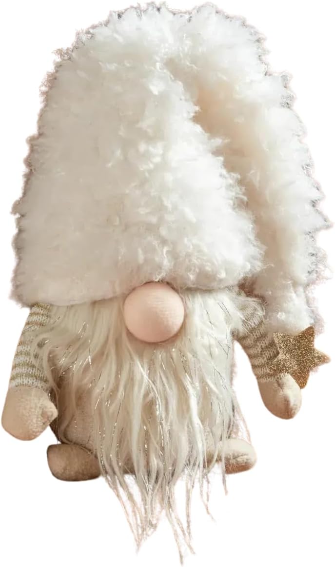 Decorative gnome with a white hat and beard, standing on a woven surface with a festive background.