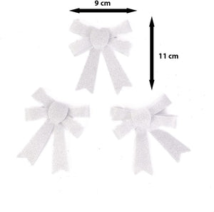 Three white bows with measurements on a white background