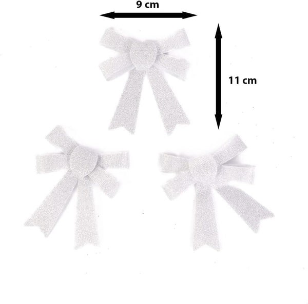 Three white bows with measurements on a white background