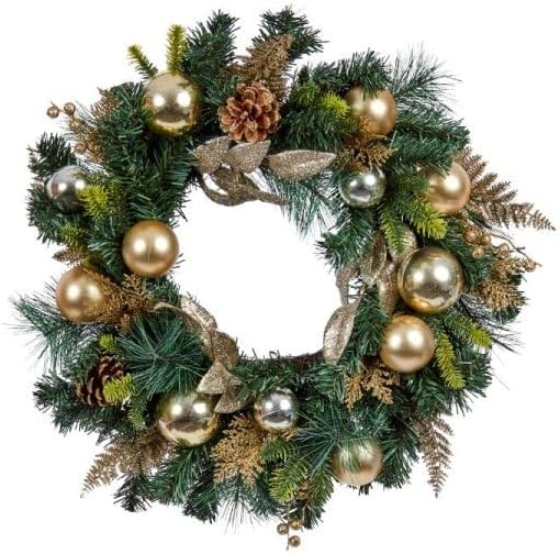 Decorative Christmas wreath with gold ornaments on a black door